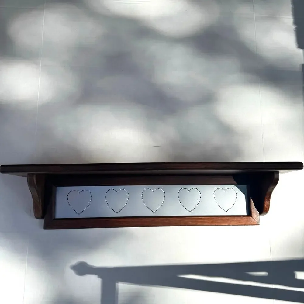 Vintage Wood Wall Shelf Metal Hearts Panel Plate Display Farmhouse Country Decor